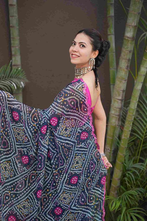 Bandhani Printed Chiffon With Mirror Embellished Pink Scalloped  Border Wrap in 1 Minute Saree.