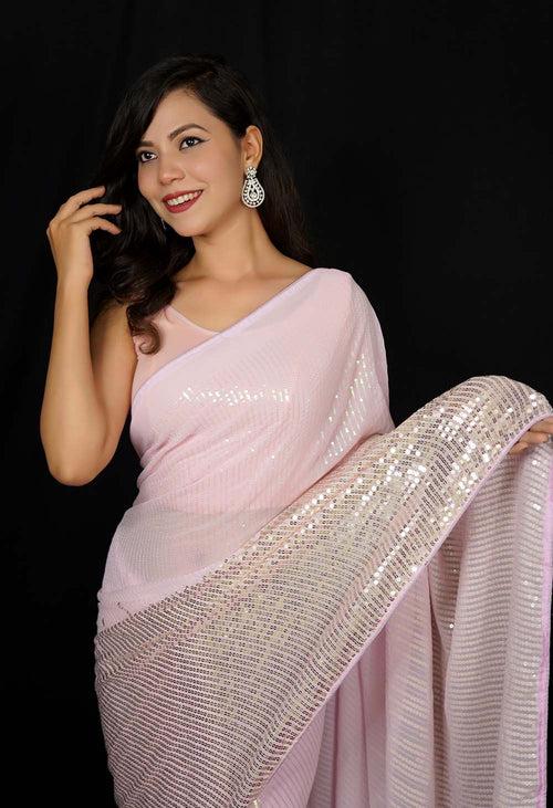 Celebrity look Inspired Pink Sequins All over Work Georgette Wrap in 1 minute saree