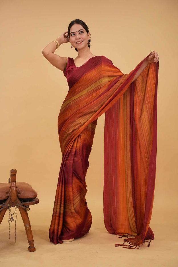 Rust Ombre dyed light weight dual tone wrap in 1 minute saree