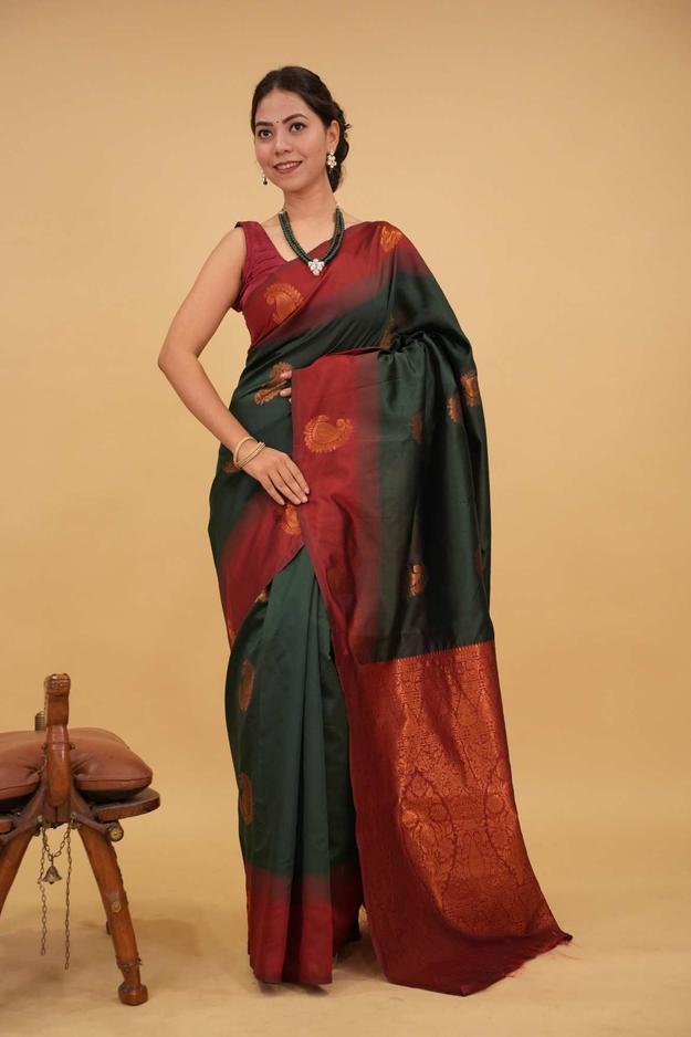 Bottle Green Kanjeevaram With Paisely Zari Damask & Ornate palla Ready To Wear Saree