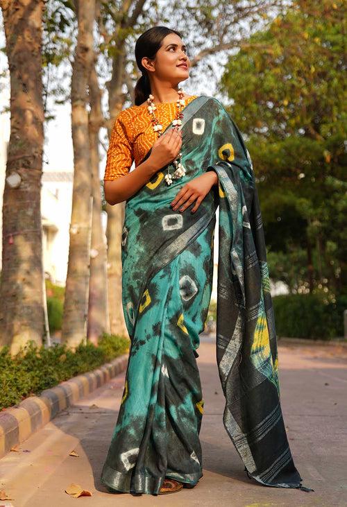 Soft on Skin Ready made Sea Blue Tie & Die saree With Tassel on pallu cotton Wrap in 1 minute saree