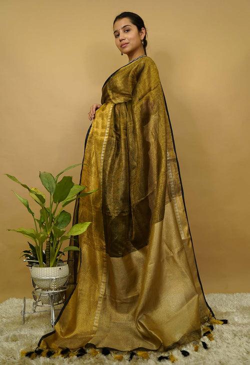 Blackish greyish Gold Metallic Tissue  With Temple & Broad Border  Wrap In One Minute Saree