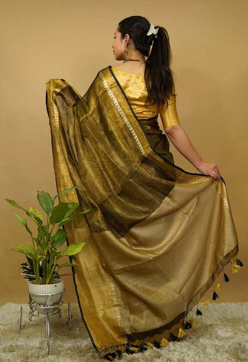 Blackish greyish Gold Metallic Tissue  With Temple & Broad Border  Wrap In One Minute Saree