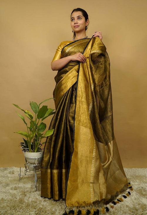 Blackish greyish Gold Metallic Tissue  With Temple & Broad Border  Wrap In One Minute Saree