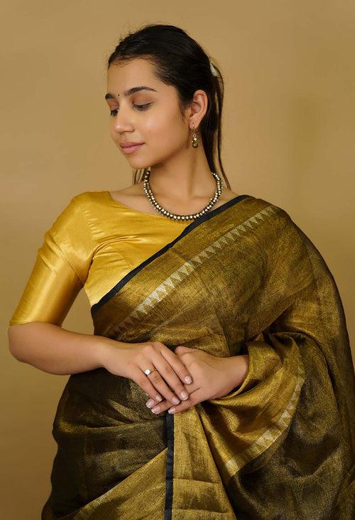 Blackish greyish Gold Metallic Tissue  With Temple & Broad Border  Wrap In One Minute Saree