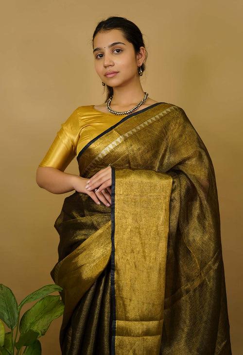 Blackish greyish Gold Metallic Tissue  With Temple & Broad Border  Wrap In One Minute Saree