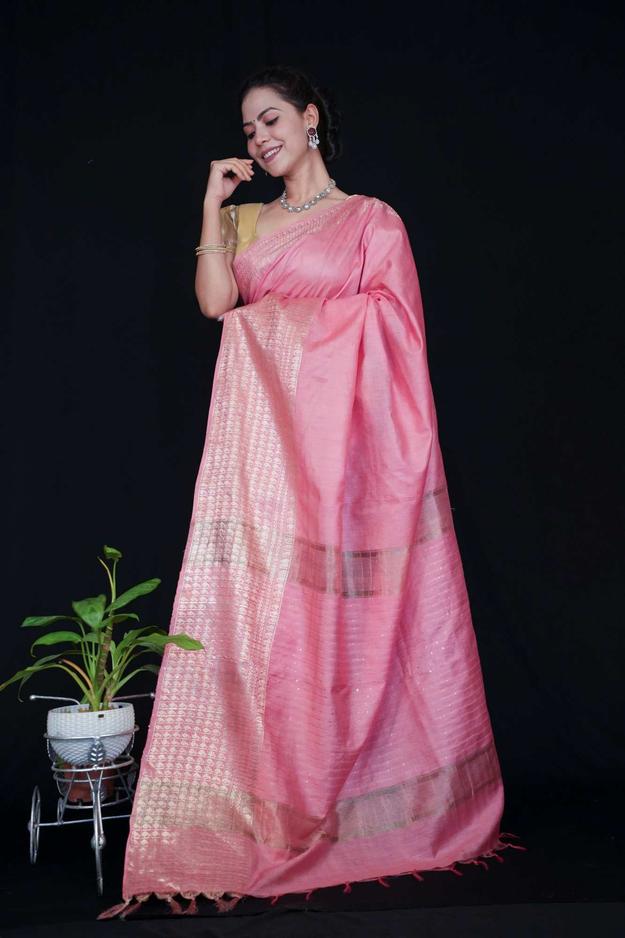 Beautiful Pink Kota Silk With Doby Zari Border Ready To Wear Saree