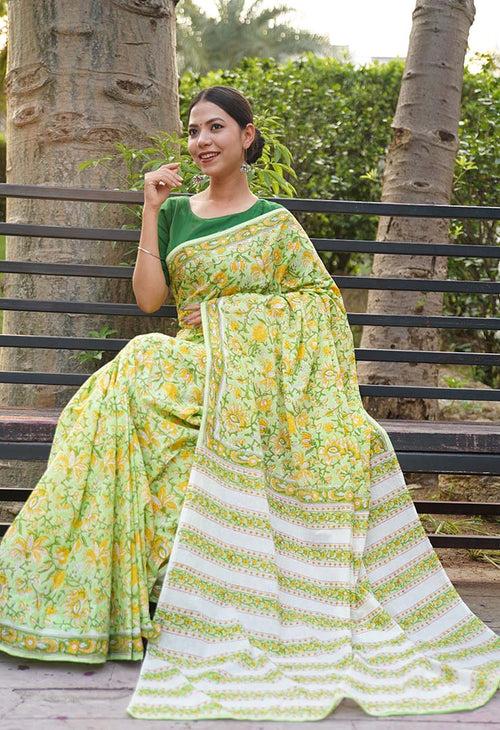 As cool as a lemonade quirky handblock print sanganeri mulmul ready to wear saree