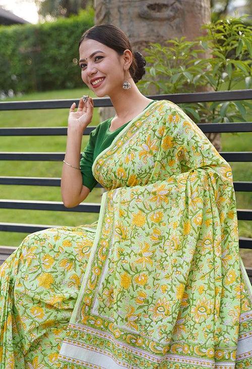 As cool as a lemonade quirky handblock print sanganeri mulmul ready to wear saree