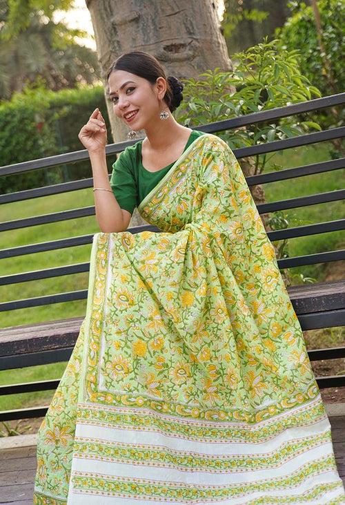 As cool as a lemonade quirky handblock print sanganeri mulmul ready to wear saree