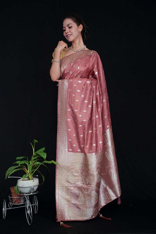 Beautiful Pink Soft Silk Zari Buttas Overall With Ornate Palla & Bordered Pre Drape Saree