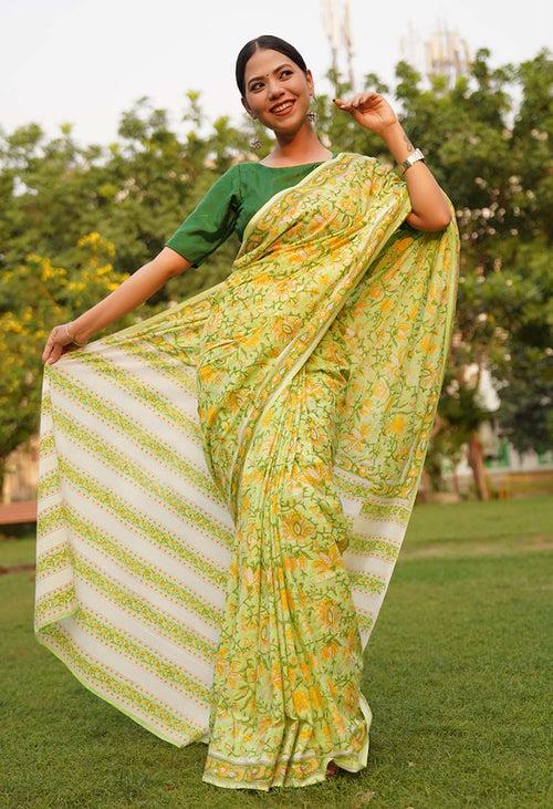 As cool as a lemonade quirky handblock print sanganeri mulmul ready to wear saree