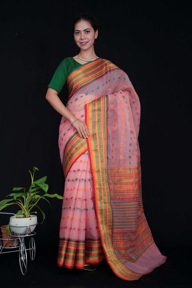 Kota Doria Cotton  With Overall Thread Work & Zari Border Wrap in 1 minute Saree