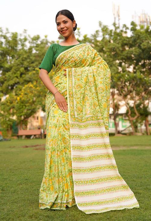 As cool as a lemonade quirky handblock print sanganeri mulmul ready to wear saree