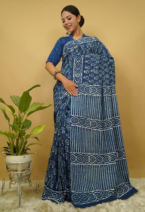 Pre stitched saree Indigo Handblock Print mulmul one minute saree