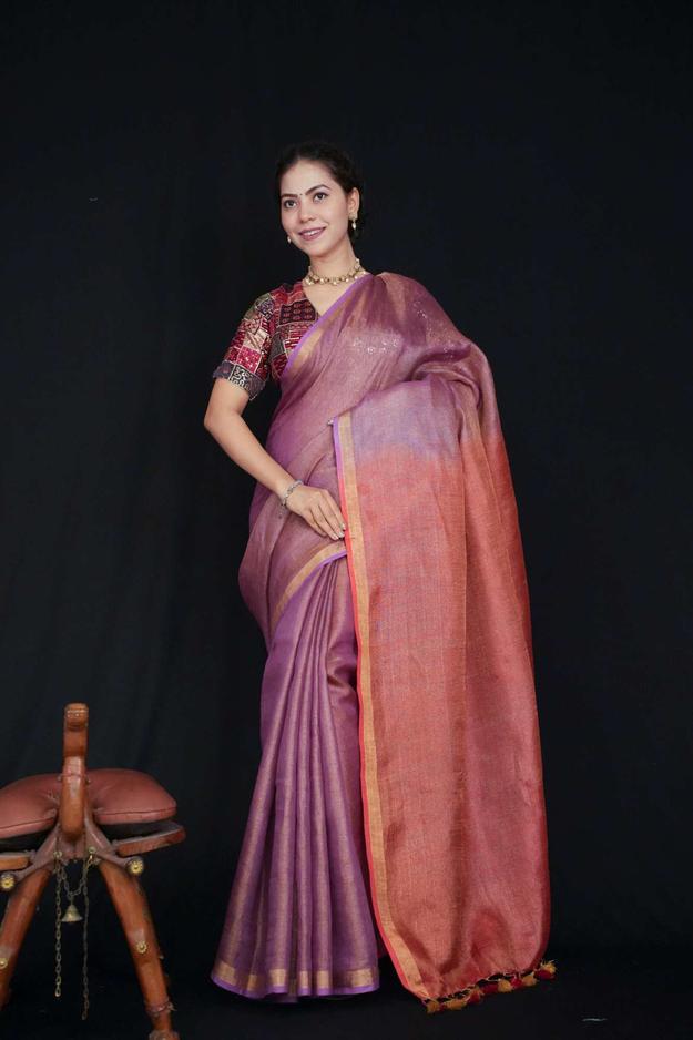 Dual Tone Metallic Tissue & Contrast Palla With Solid Zari Border Ready To Wear Saree