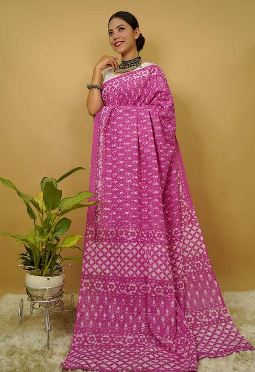 Paint the town pink with summery handblock print mulmul ready to wear saree