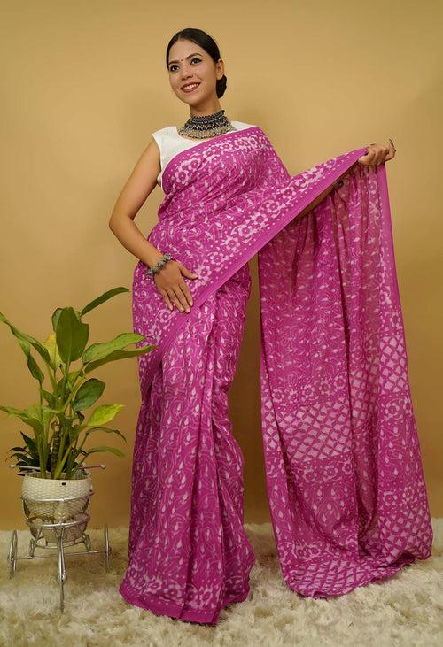 Paint the town pink with summery handblock print mulmul ready to wear saree