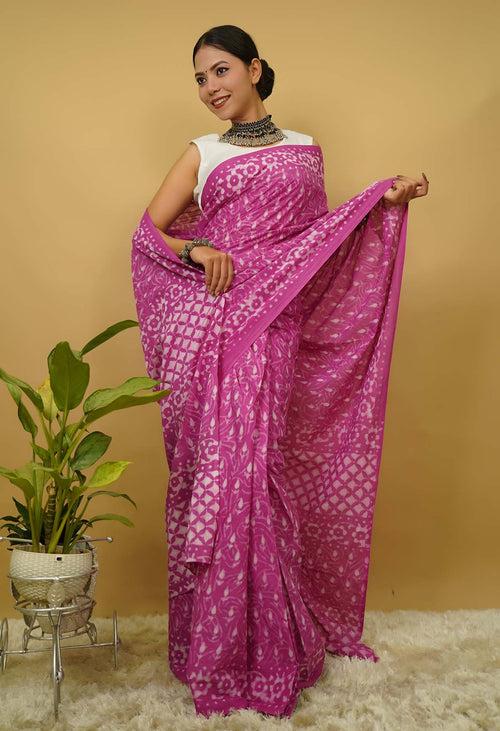 Paint the town pink with summery handblock print mulmul ready to wear saree