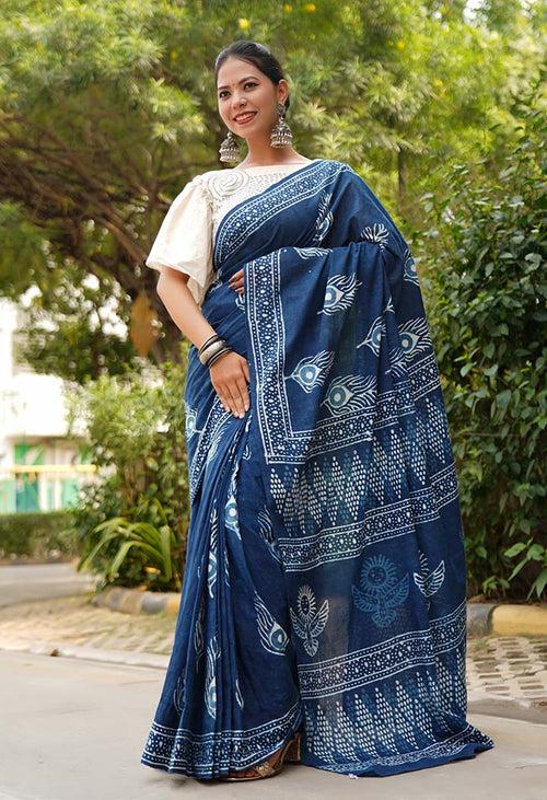 Drape saree Indigo Handblock Print mulmul one minute saree