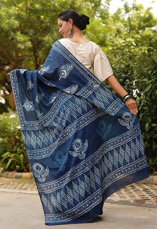 Drape saree Indigo Handblock Print mulmul one minute saree