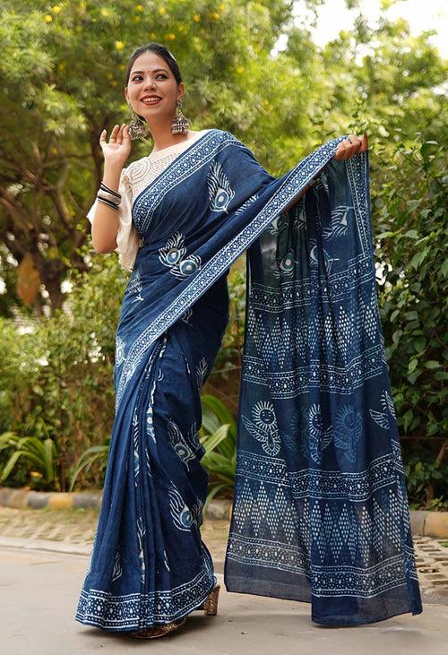 Drape saree Indigo Handblock Print mulmul one minute saree