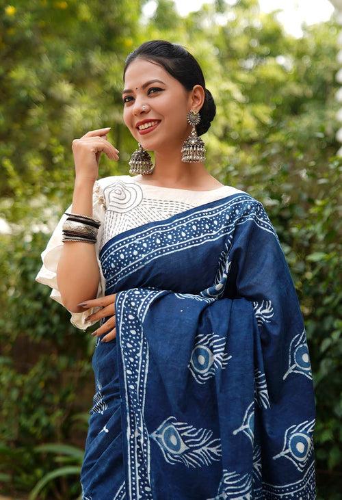 Drape saree Indigo Handblock Print mulmul one minute saree