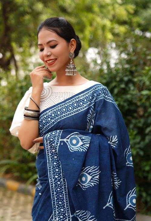 Drape saree Indigo Handblock Print mulmul one minute saree