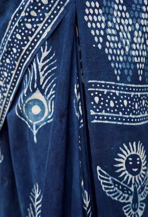 Drape saree Indigo Handblock Print mulmul one minute saree