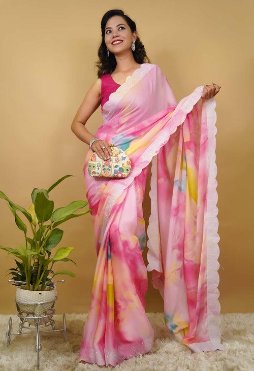 Pink  Shibori combination with beads embellished  and Scalloped  border wrap in one minute saree