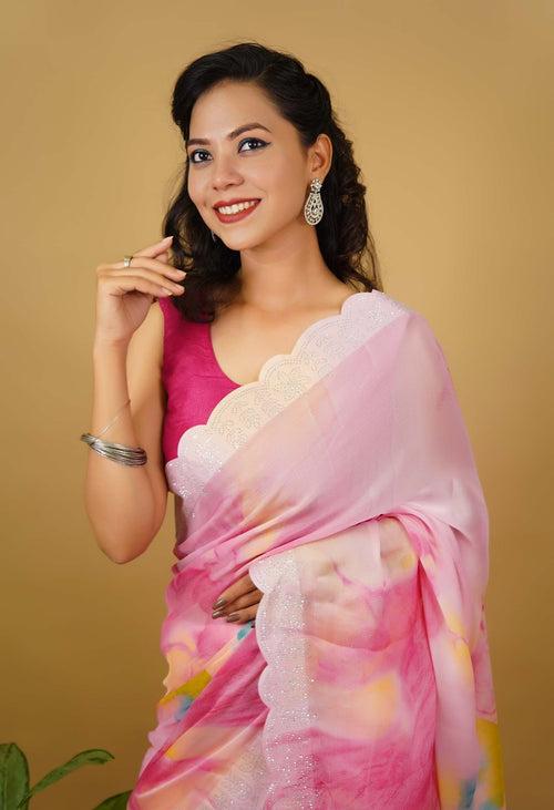 Pink  Shibori combination with beads embellished  and Scalloped  border wrap in one minute saree