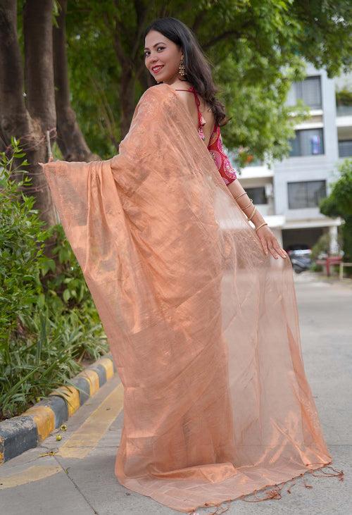 Golden Dhoop Chaav Metallic Tissue  With Tassels on Pallu Wrap In One Minute saree