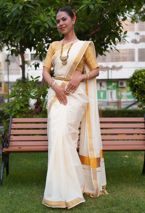 Deepika Padukone Chennai Exppress inspired Kerala Kasavu offwhite with zari border wrap in 1 minute saree