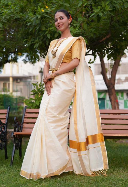 Deepika Padukone Chennai Exppress inspired Kerala Kasavu offwhite with zari border wrap in 1 minute saree