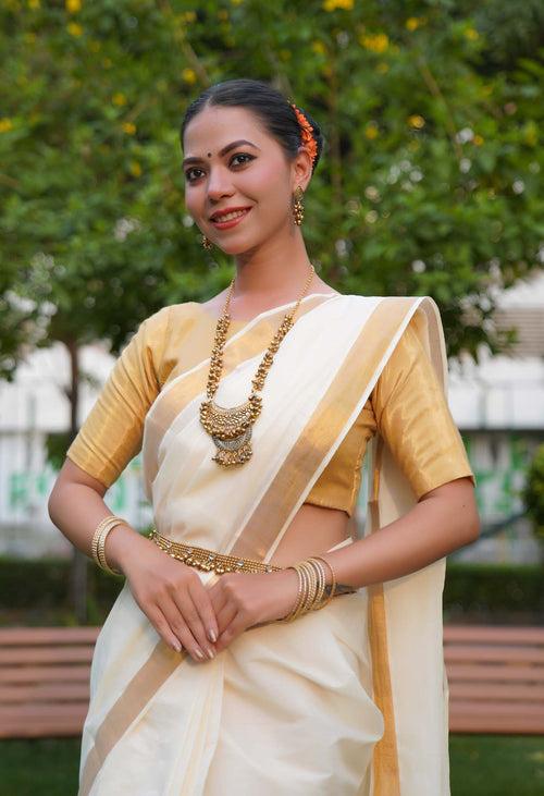 Deepika Padukone Chennai Exppress inspired Kerala Kasavu offwhite with zari border wrap in 1 minute saree