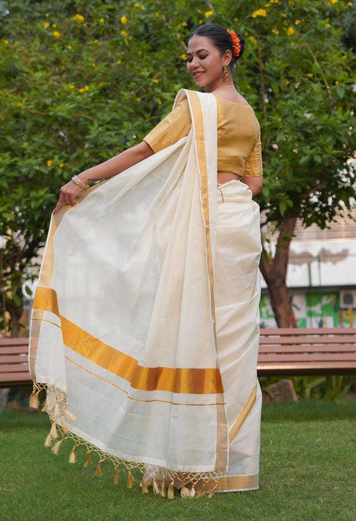 Deepika Padukone Chennai Exppress inspired Kerala Kasavu offwhite with zari border wrap in 1 minute saree