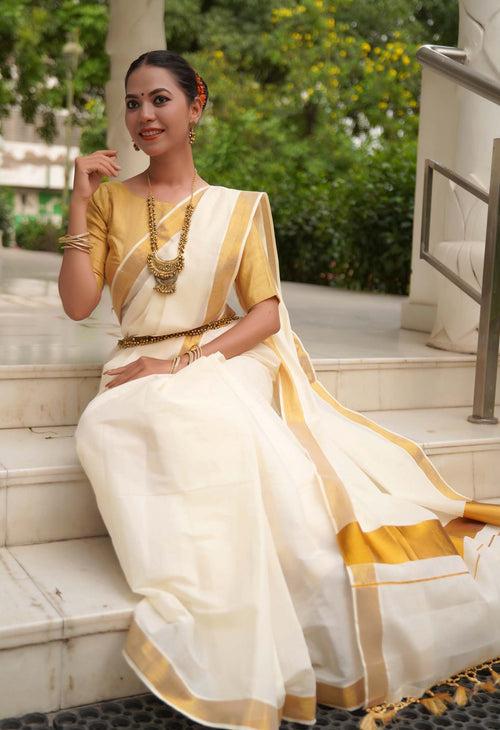 Deepika Padukone Chennai Exppress inspired Kerala Kasavu offwhite with zari border wrap in 1 minute saree