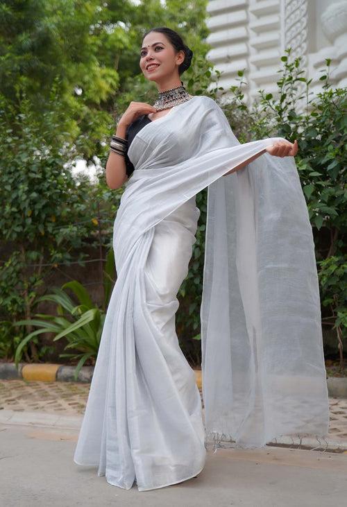 Ready To Wear Silver Metallic Dhoop Chaav  Tissue With Tassels On Pallu  Wrap in 1 minute saree