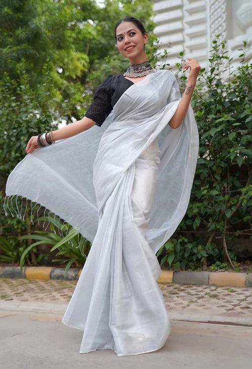 Ready To Wear Silver Metallic Dhoop Chaav  Tissue With Tassels On Pallu  Wrap in 1 minute saree