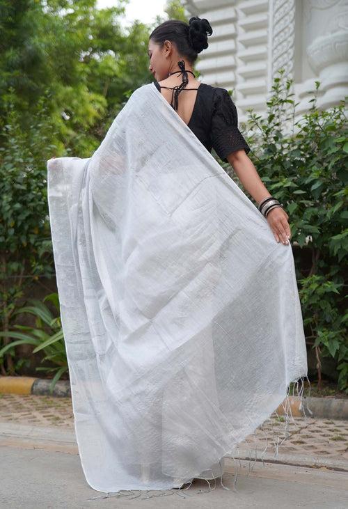 Ready To Wear Silver Metallic Dhoop Chaav  Tissue With Tassels On Pallu  Wrap in 1 minute saree