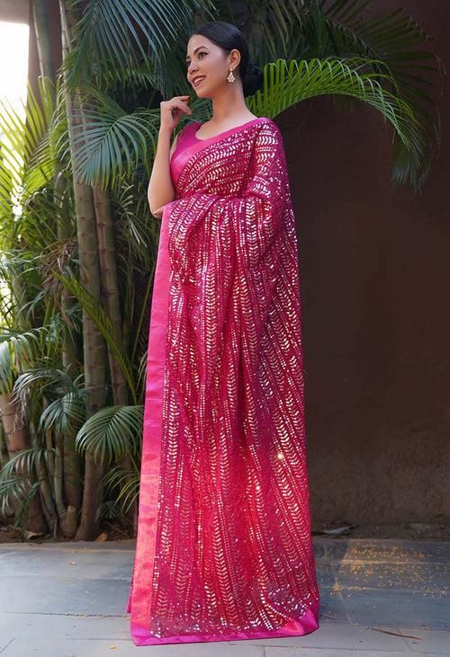 Stylish Party Wear All Over Sequin Embellished With Solid Border Wrap In One Minute Saree