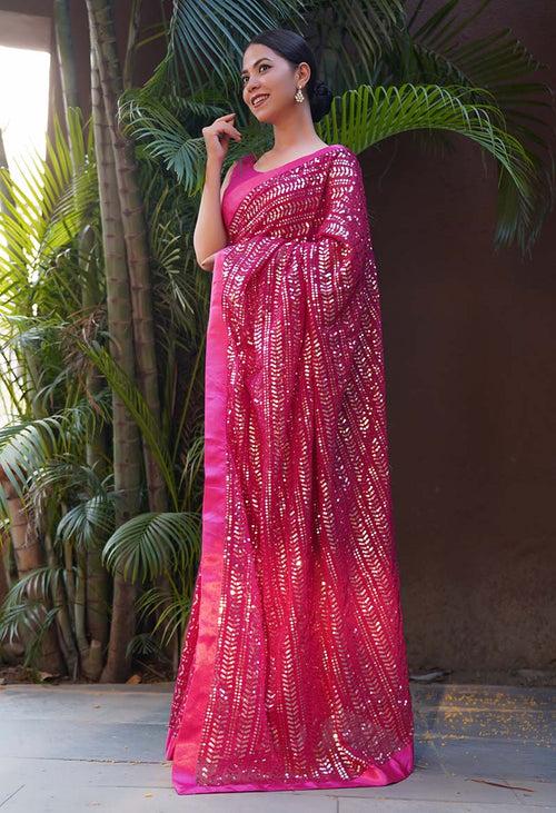 Stylish Party Wear All Over Sequin Embellished With Solid Border Wrap In One Minute Saree