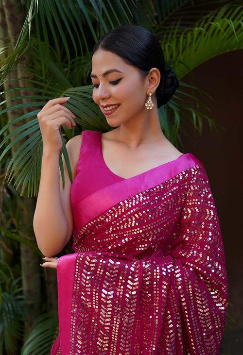 Stylish Party Wear All Over Sequin Embellished With Solid Border Wrap In One Minute Saree