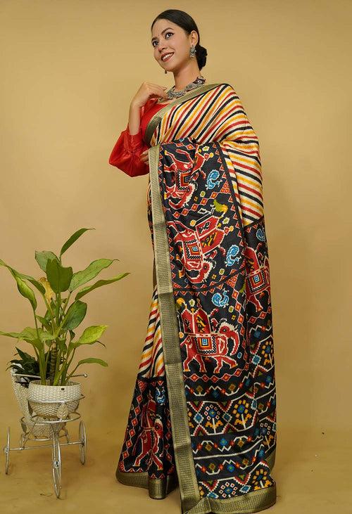 Ready To Wear Woven Multicoloured with  patola  Printed  Wrap in 1 minute saree