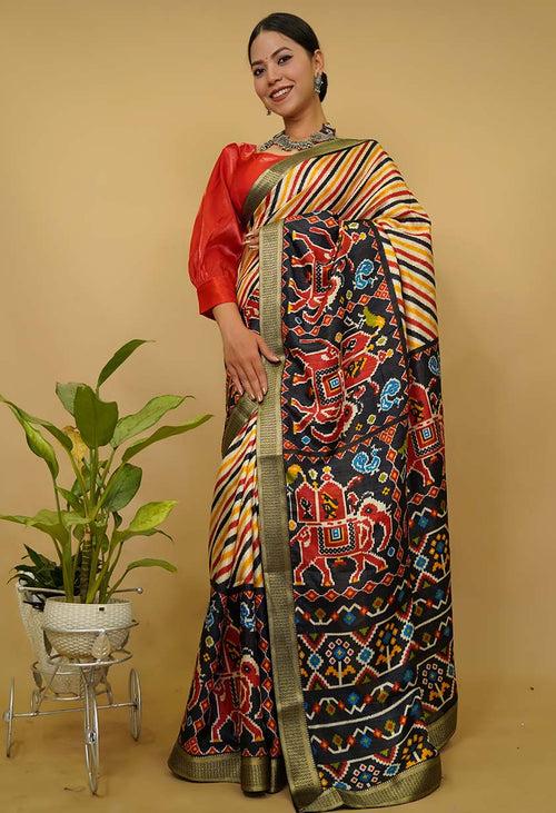 Ready To Wear Woven Multicoloured with  patola  Printed  Wrap in 1 minute saree