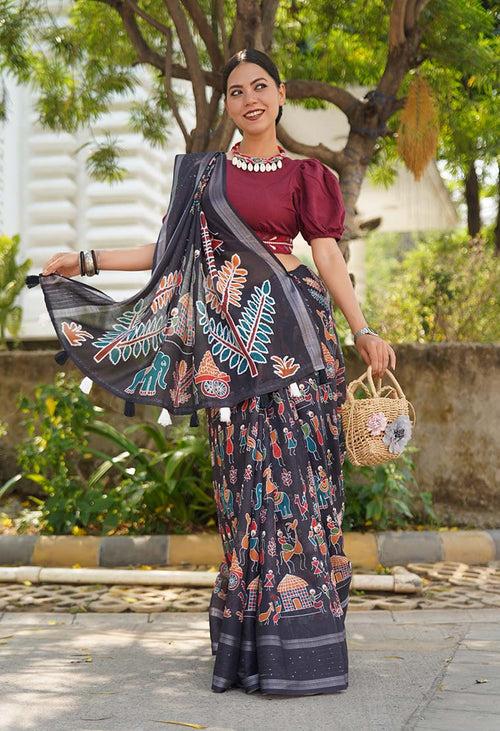 Ready To Wear Saree Tribal Art  Printed  With Tassels On Pallu Wrap in 1 minute saree