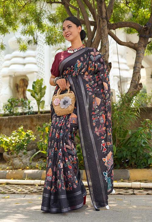 Ready To Wear Saree Tribal Art  Printed  With Tassels On Pallu Wrap in 1 minute saree