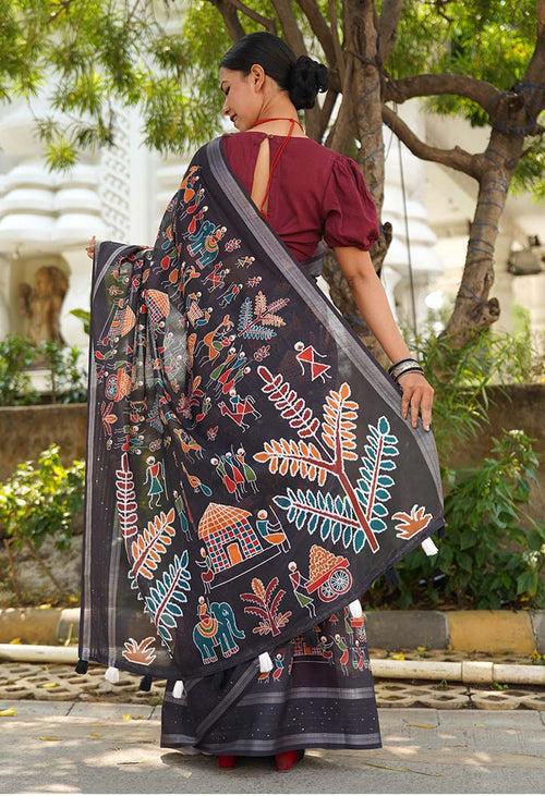 Ready To Wear Saree Tribal Art  Printed  With Tassels On Pallu Wrap in 1 minute saree