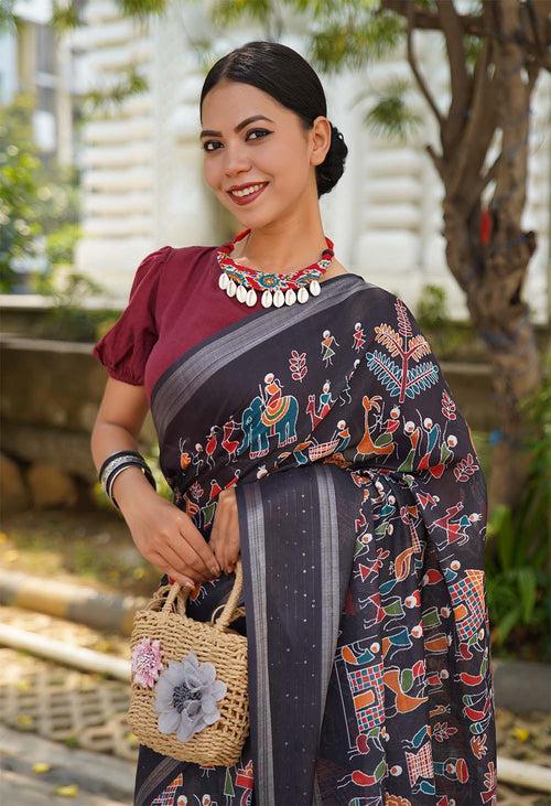 Ready To Wear Saree Tribal Art  Printed  With Tassels On Pallu Wrap in 1 minute saree