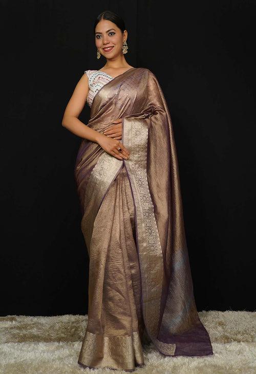 Wine Rusty Classy Crushed Tissue  With  jacquard  border Wrap in 1 minute saree